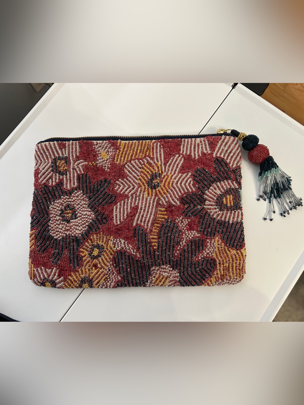 Anthropologie Beaded Floral Clutch Pouch Red Motif Tassel Boho Happy